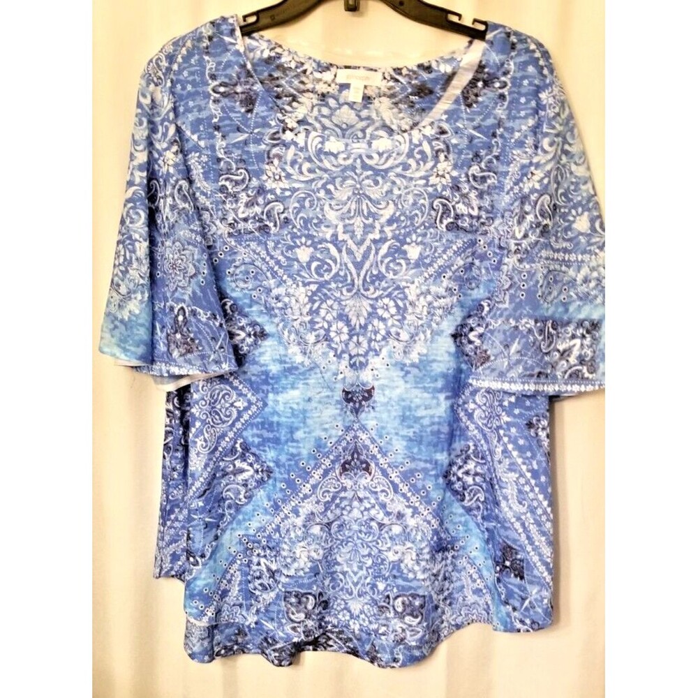 Concepts Women's Top Paisley Studded Flutter Sleeve Blue Bohemian Size XXXL